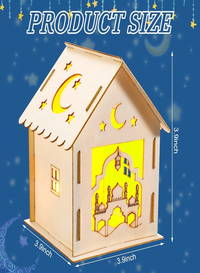 Lineshading 9 Pcs Eid Mubarak Wooden House with 12 Watercolor Pens and 9 LED Flameless Tealight Candles DIY Luminous Graffiti Crafts Ramadan Decorations Wooden Eid Houses for Kids Paint Party Supplies - Image 2